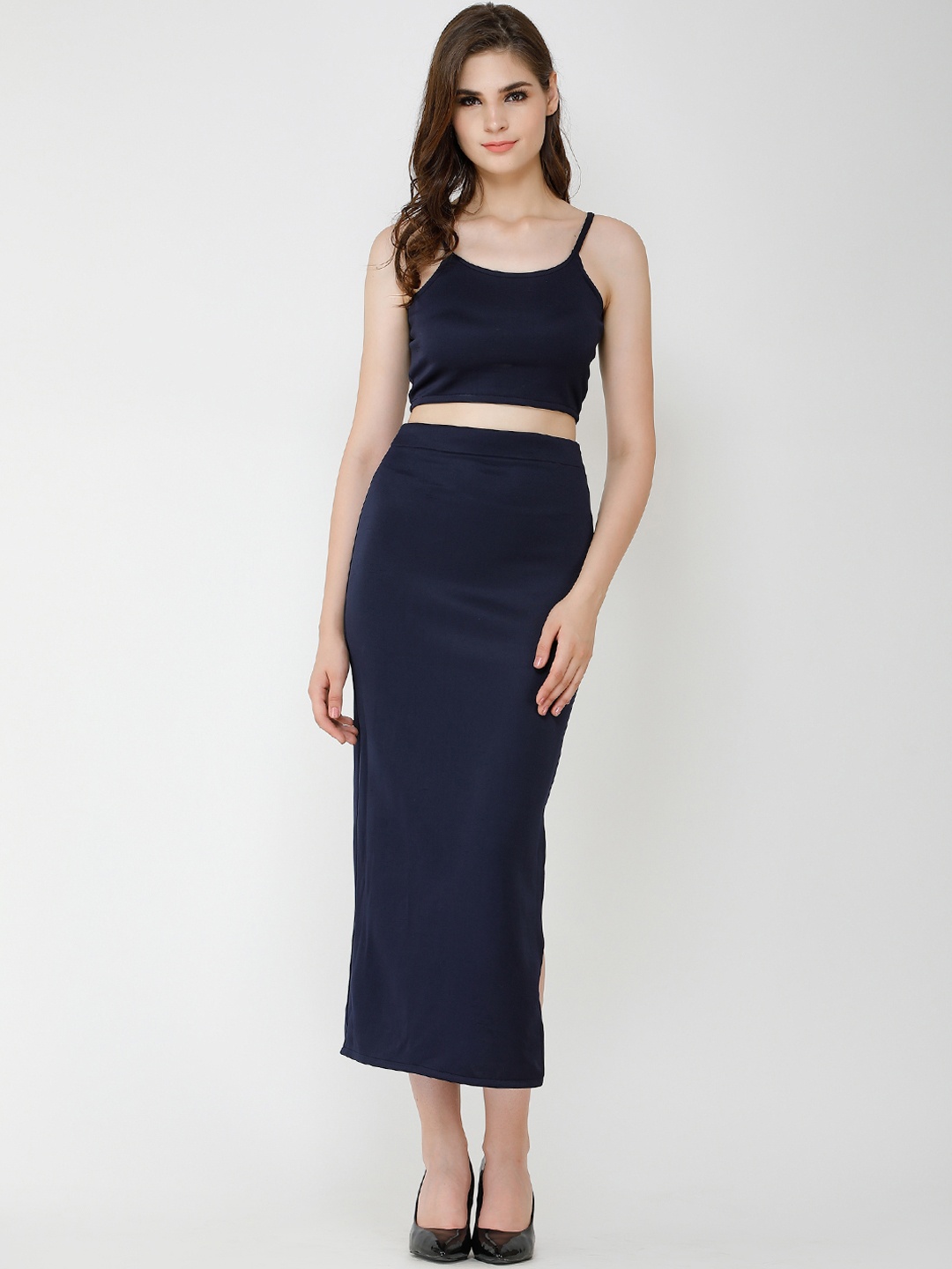 

Cation Women Navy Blue Solid Top with Skirt