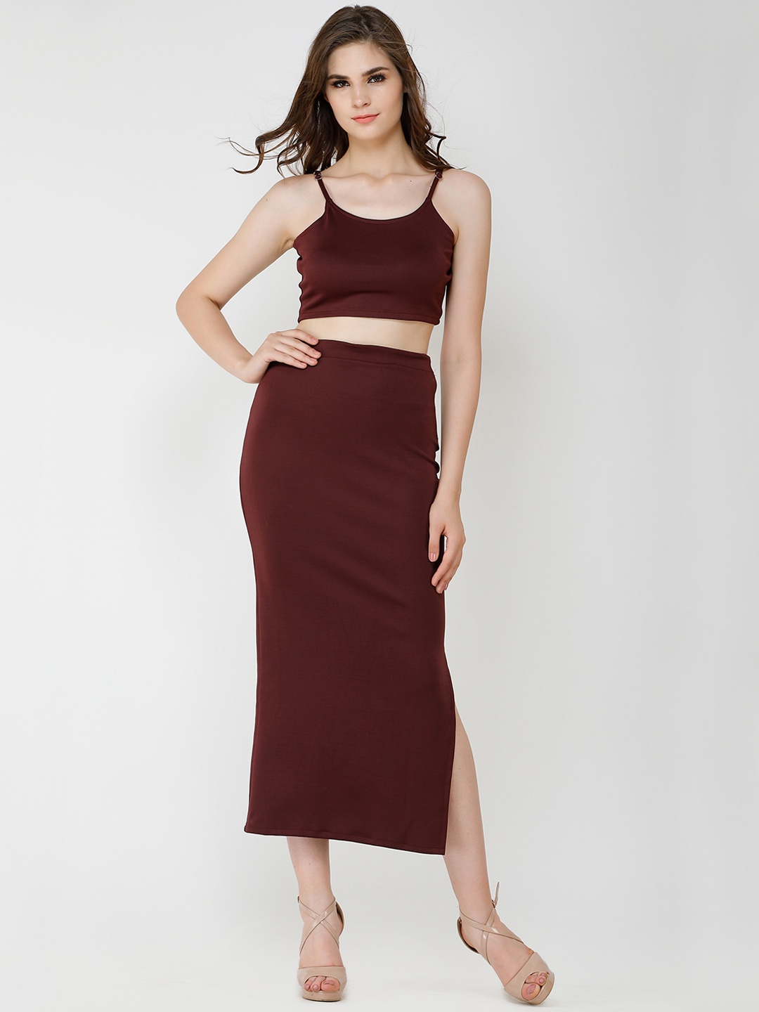 

Cation Women Maroon Solid Top with Skirt