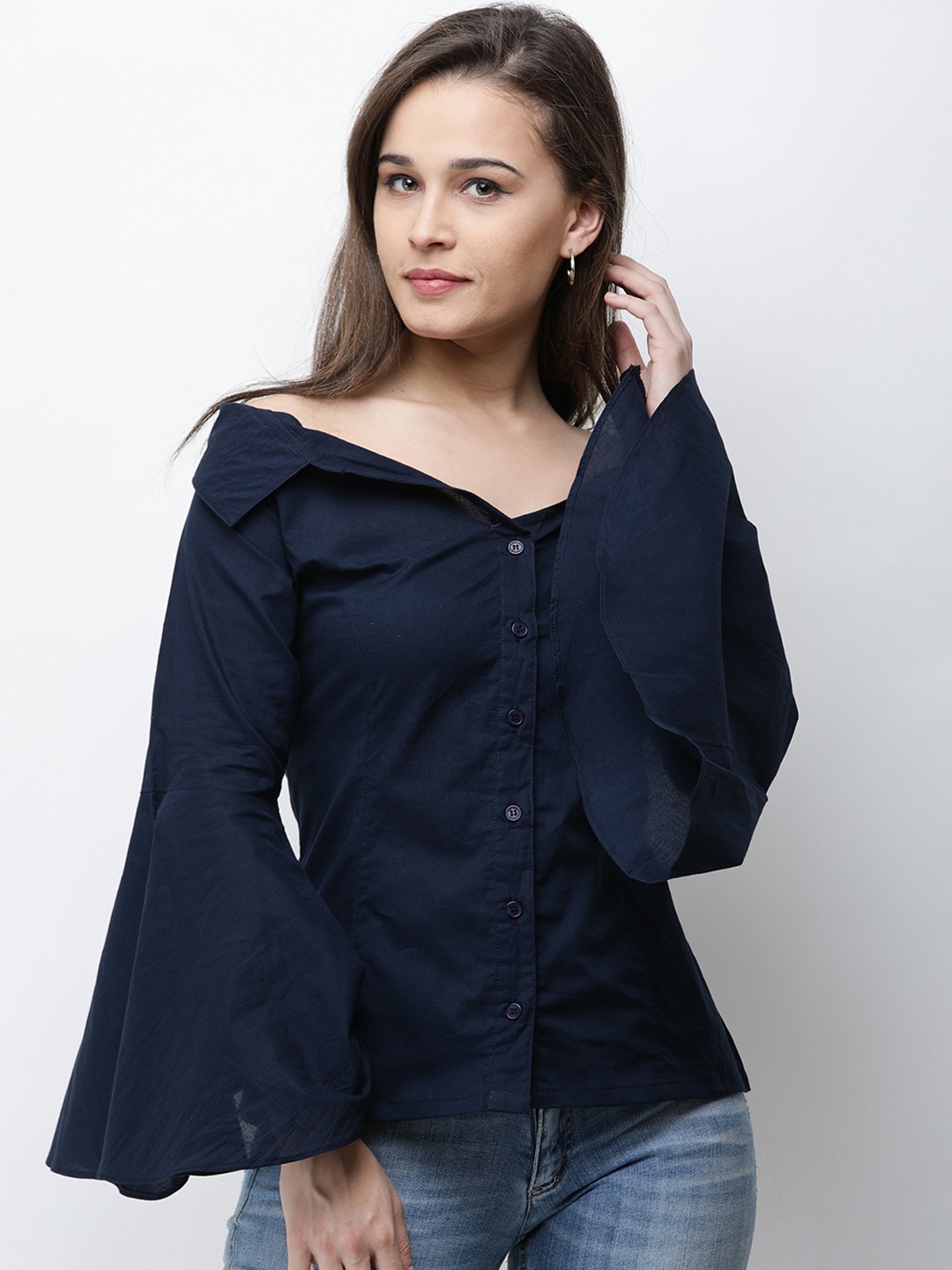 

Cation Women Navy Blue Solid Shirt Style Pure Cotton Top