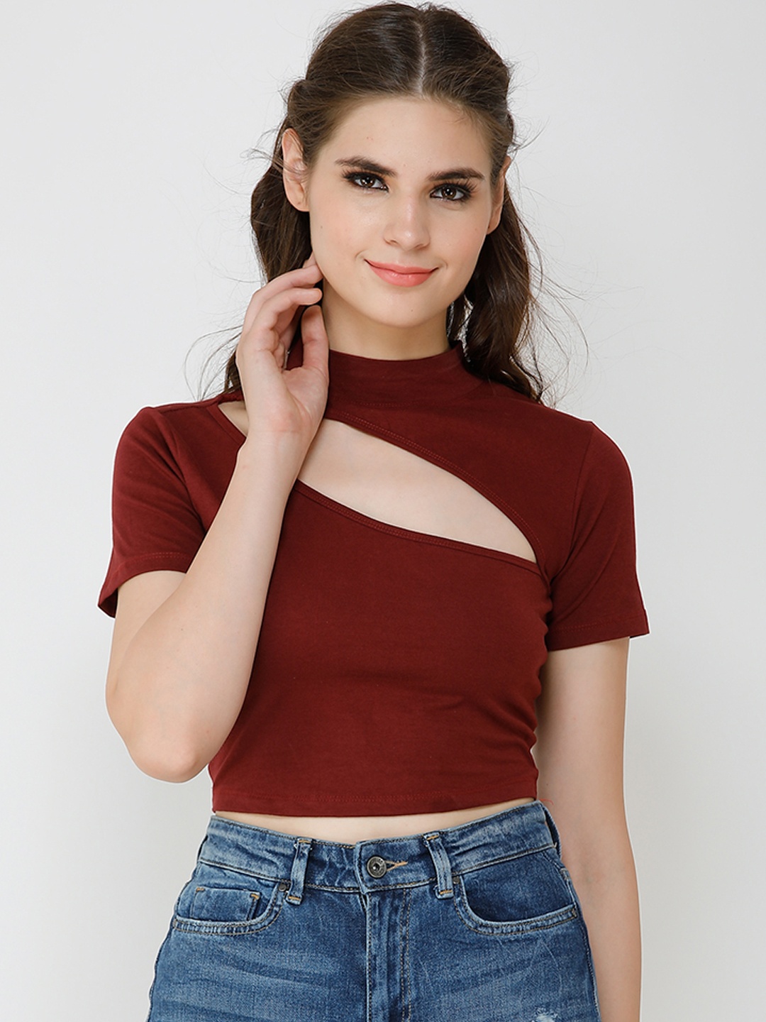 

Cation Women Maroon Solid Fitted Crop Top