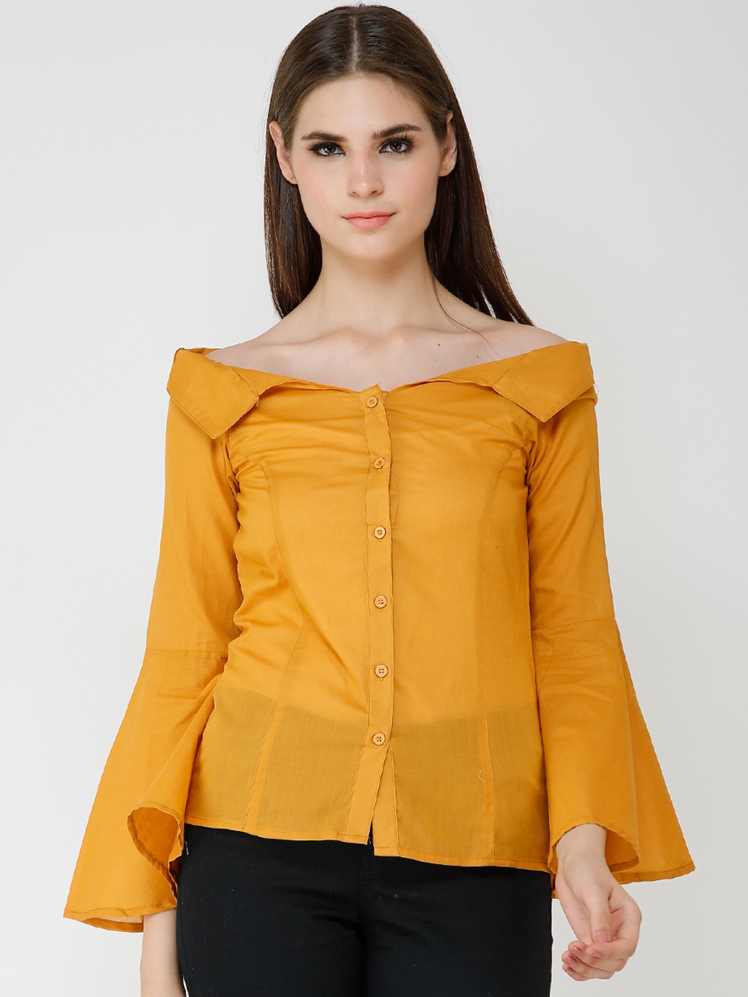 

Cation Women Mustard Yellow Solid Shirt Style Top