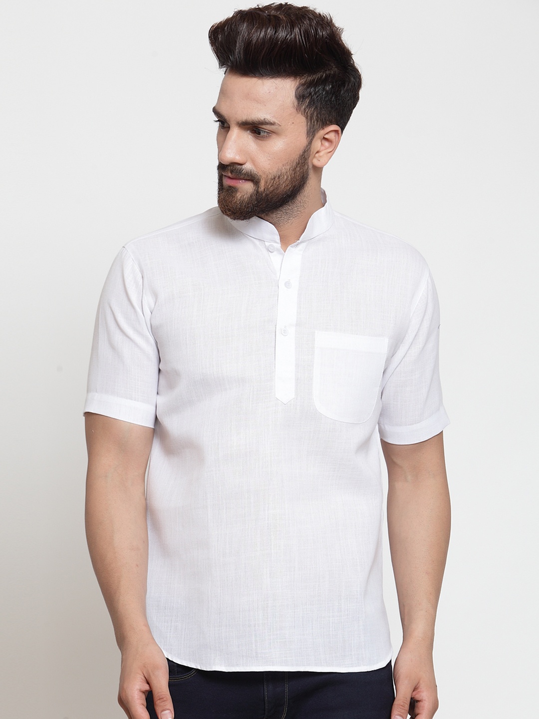 

TREEMODA Men White Solid Linen Straight Kurta
