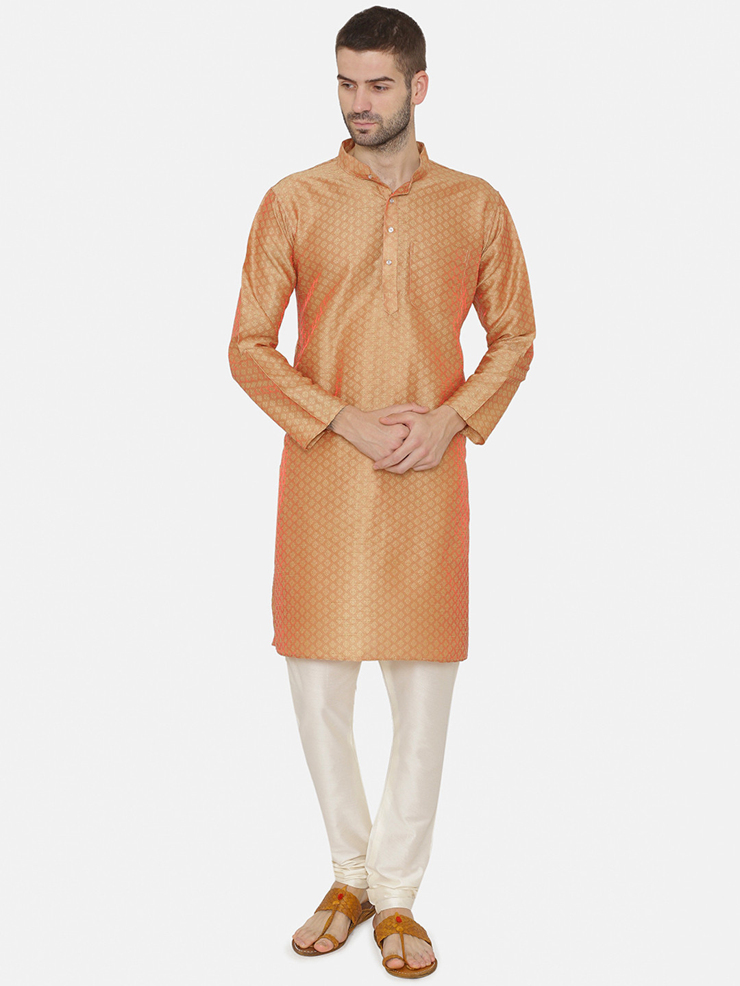

Wintage Men Orange Woven Design Straight Kurta