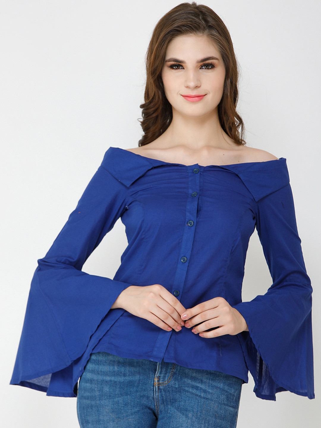 

Cation Women Blue Solid Shirt Style Pure Cotton Top