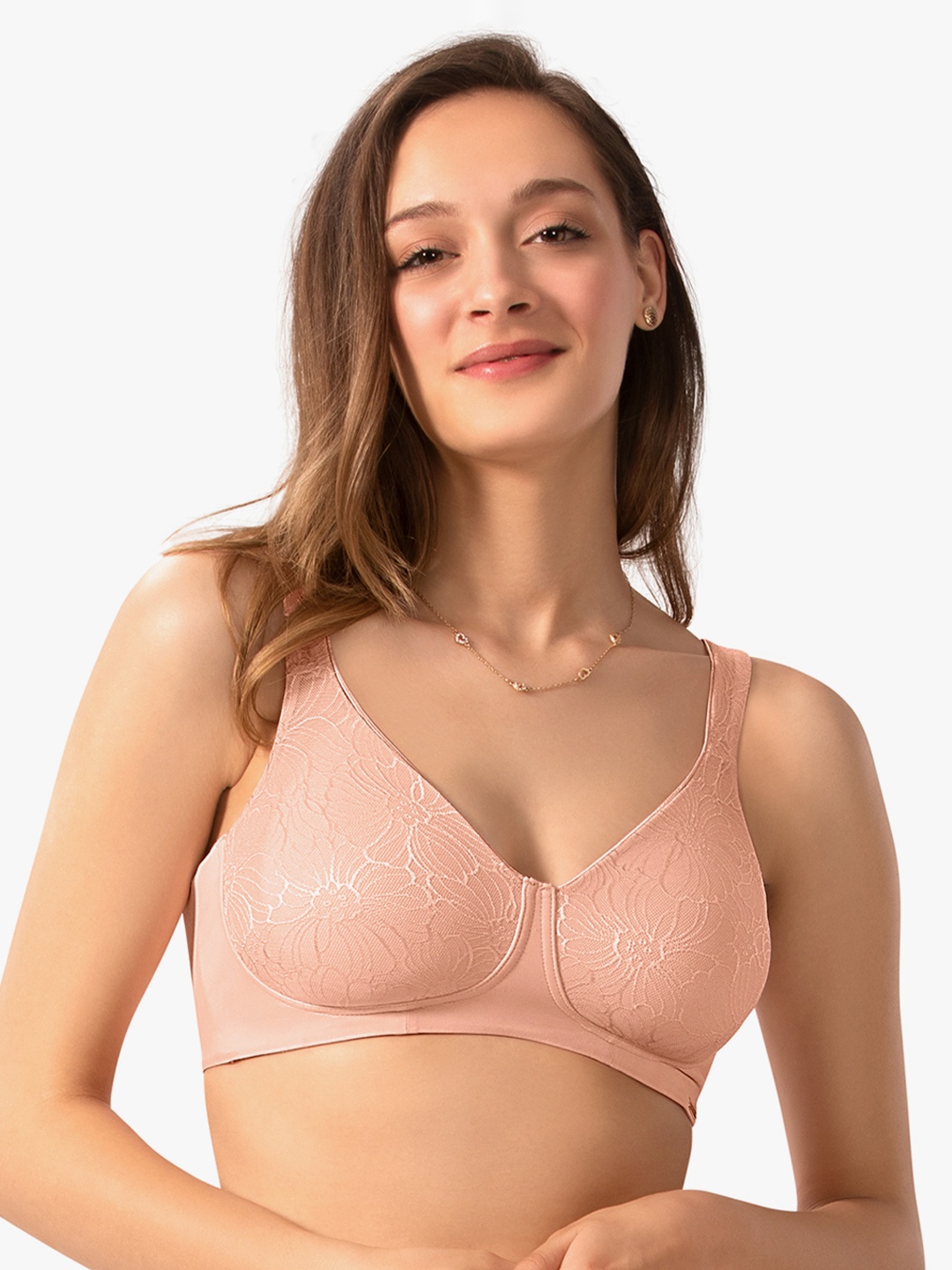 Amante Non Padded Wirefree Sheer Lace Minimiser Bra - BRA71901, Pink