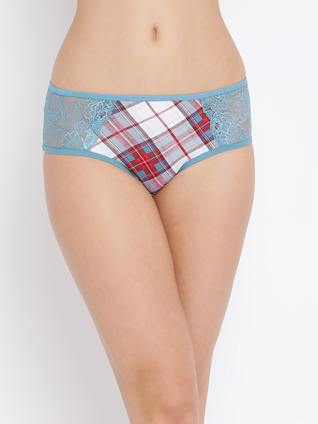 

Clovia Women Blue & Red Checked Mid Rise Lace Hipster Briefs PN3197P04XL