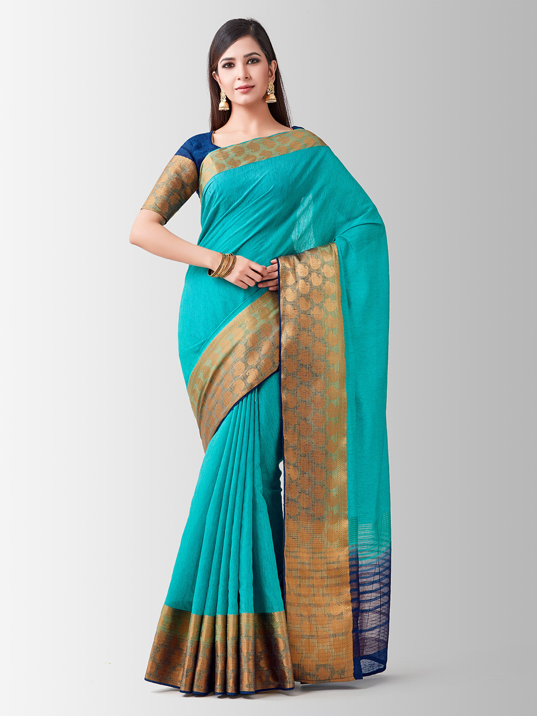 

MIMOSA Turquoise Blue & Gold-Toned Linen Blend Woven Design Kanjeevaram Saree