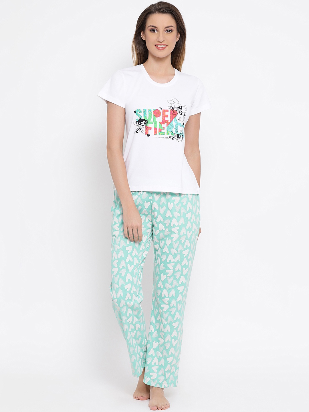 Clovia Women White & Green Printed Night suit LS0413P11XL
