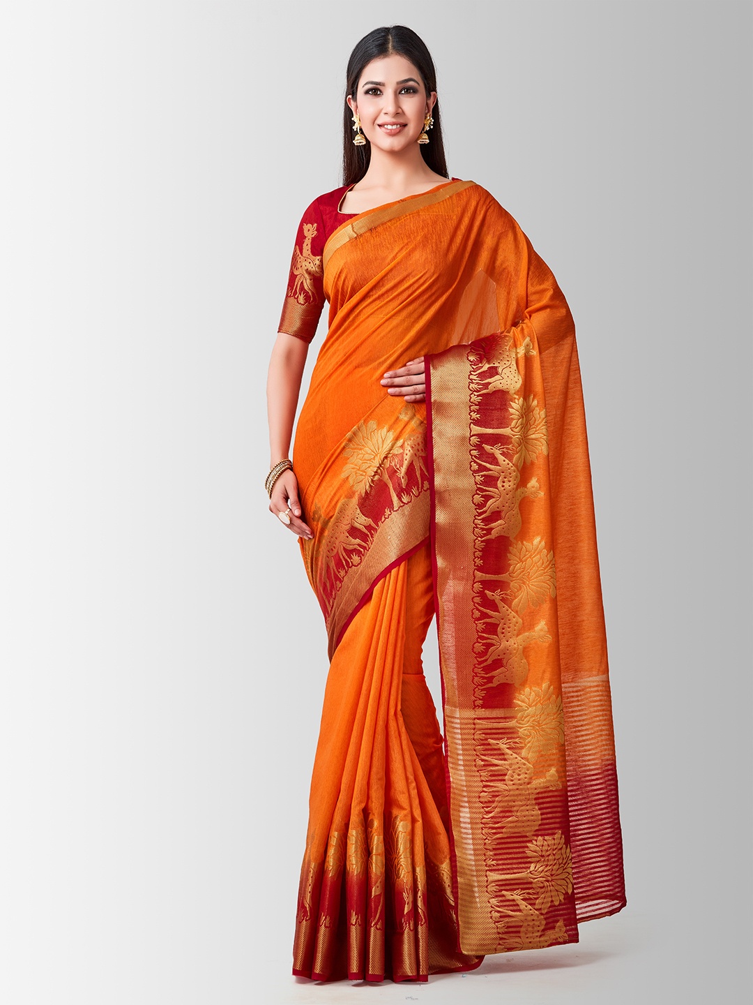 

MIMOSA Orange & Red Linen Blend Woven Design Kanjeevaram Saree