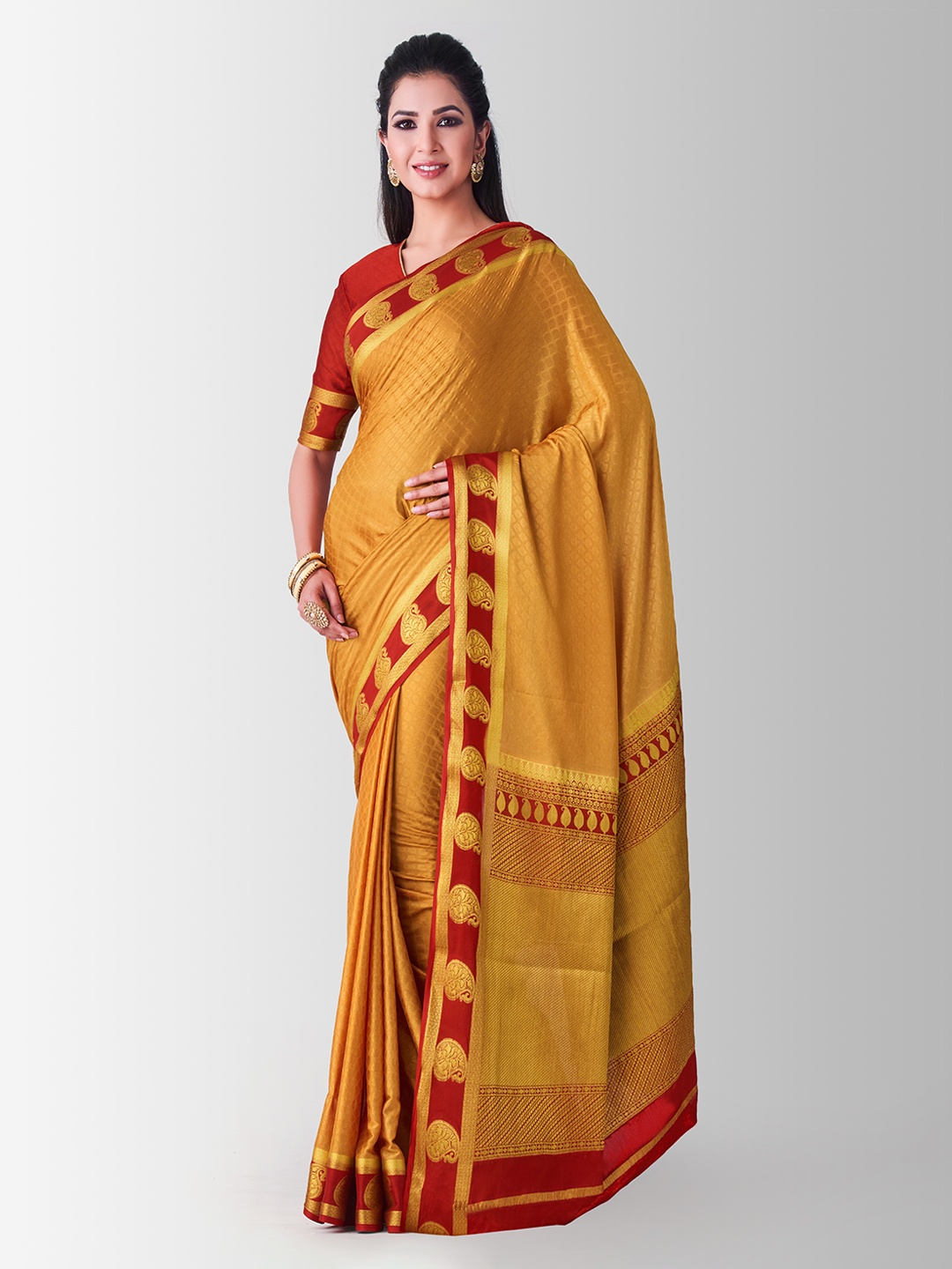 

MIMOSA Mustard Poly Crepe Woven Design Mysore Silk Saree