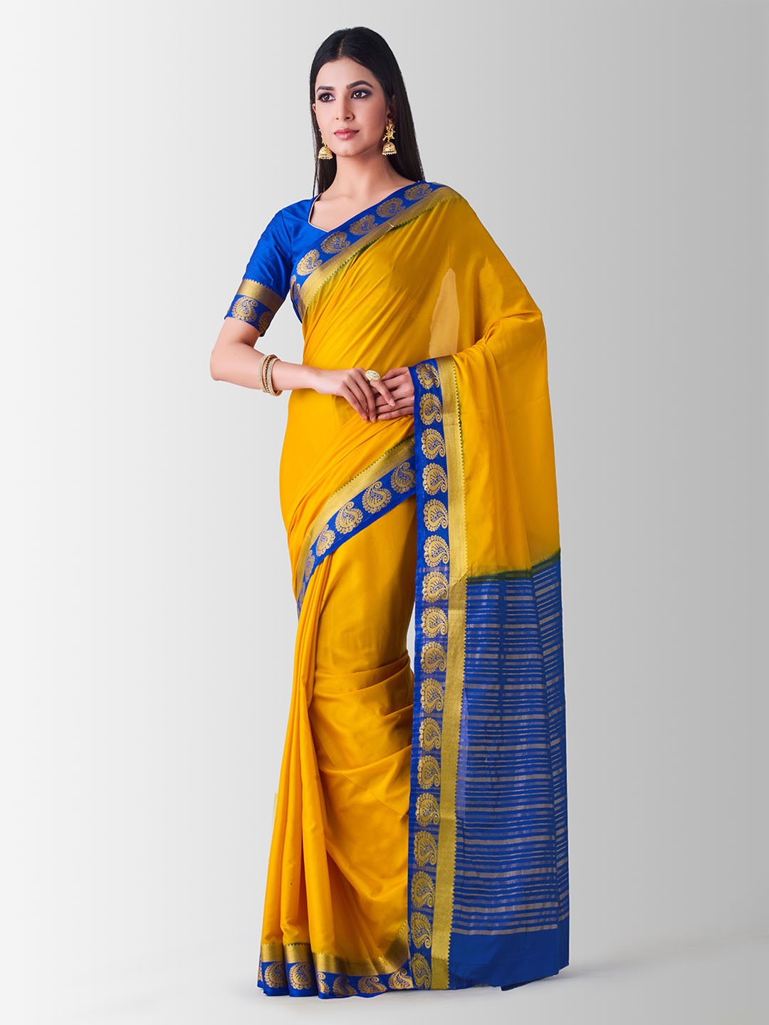 

MIMOSA Mustard Yellow Poly Crepe Solid Mysore Silk Saree