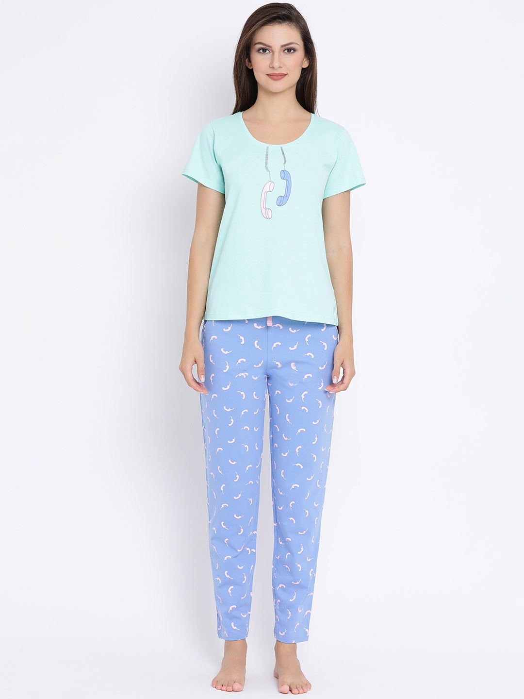 

Clovia Women Green & Blue Printed Night suit LS0421R11XL