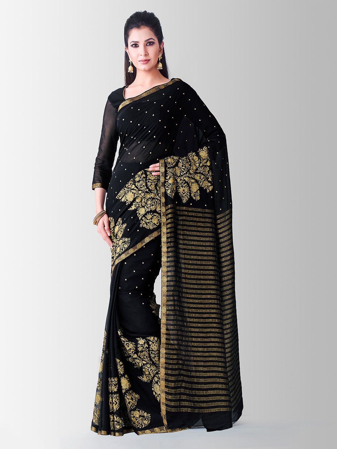 

MIMOSA Black & Gold-Toned Poly Chiffon Woven Design Banarasi Saree