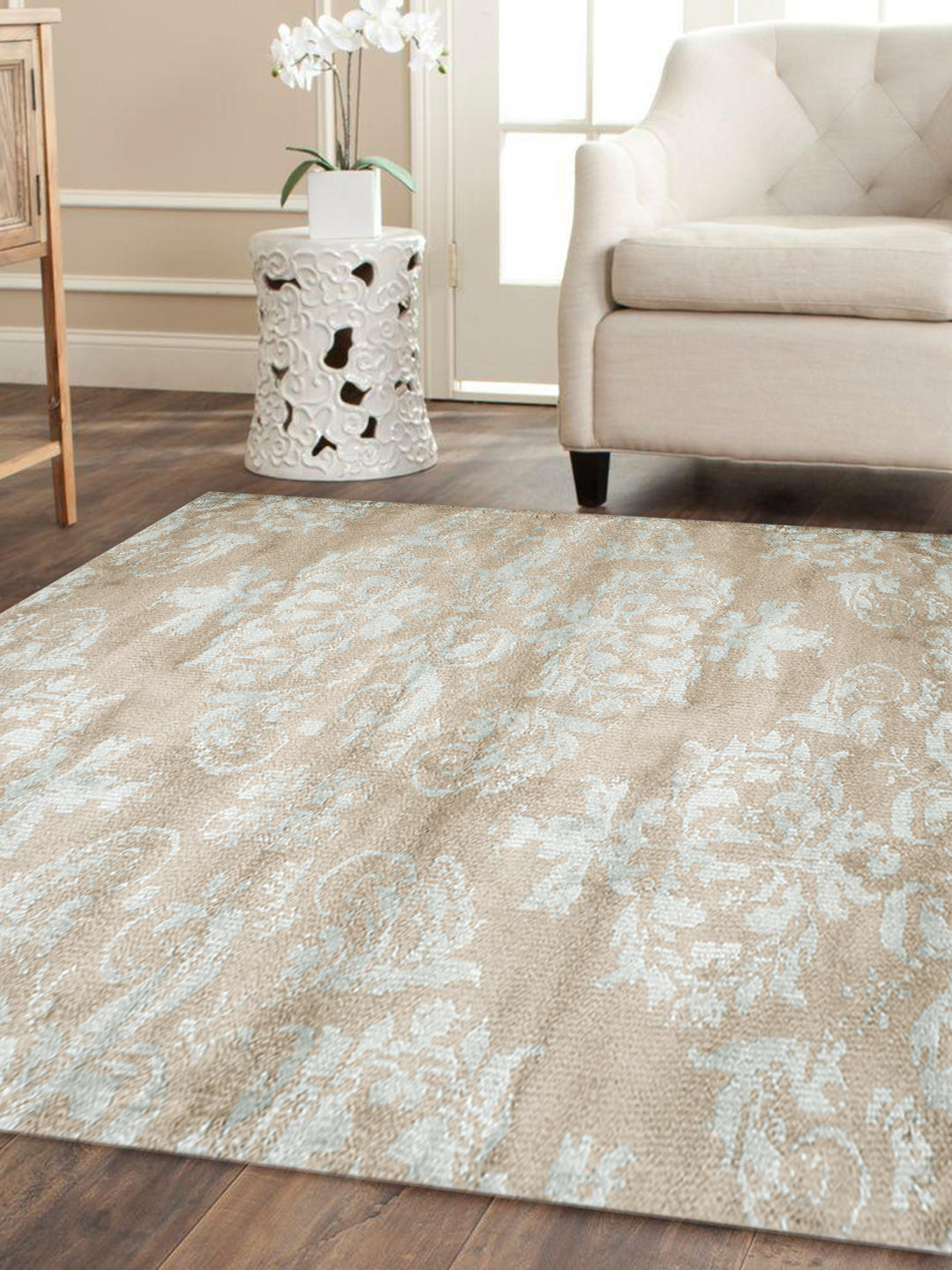 

PRESTO Beige & Blue Printed Hand-Tufted Anti-Skid Polyester Carpet
