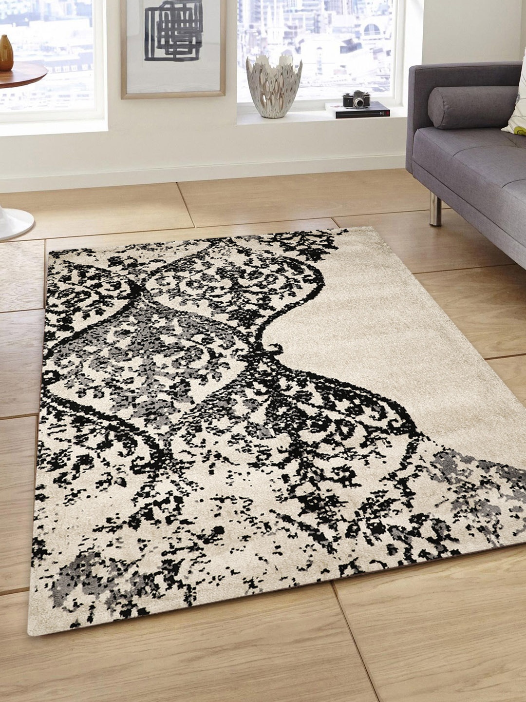 PRESTO Beige & Black Printed Hand-Tufted Anti-Skid Polyester Carpet