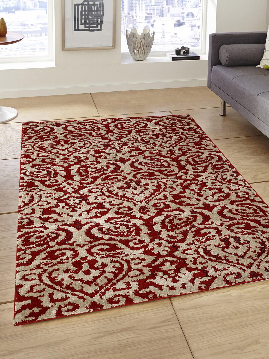

PRESTO Maroon & Beige Printed Hand-Tufted Anti-Skid Polyester Carpet