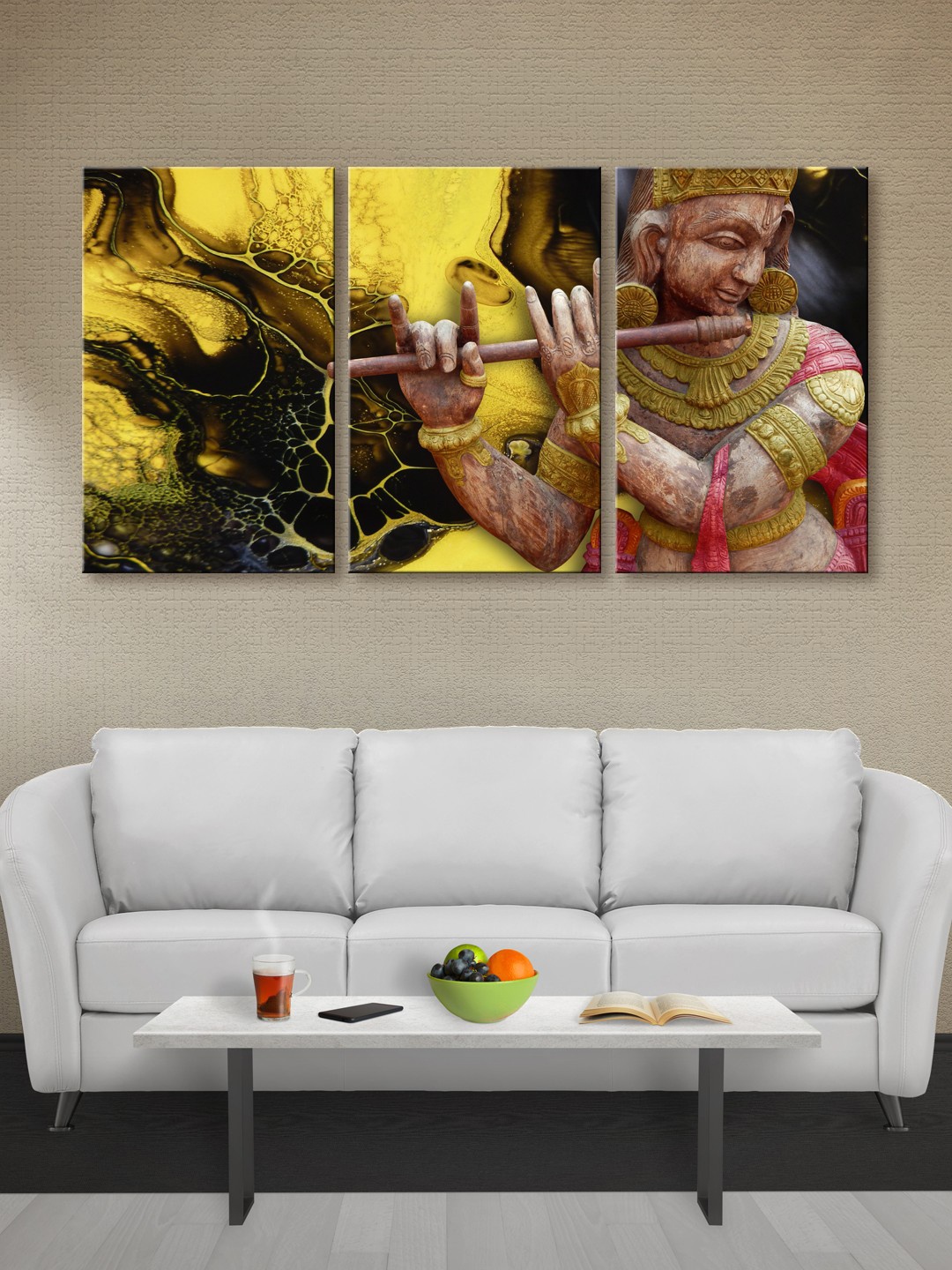 

999Store Yellow & Brown Set of 3 Lord Krishna Canvas Wall Art