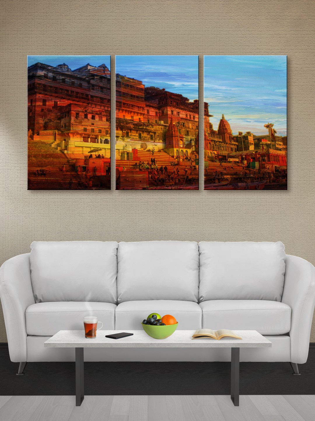 999Store Set of 3 Multicoloured Banaras Ghat Canvas Wall Art, Multi