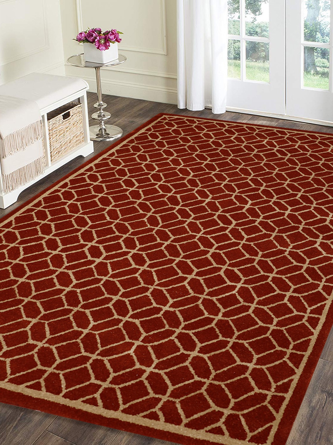 PRESTO Orange & Beige Printed Hand-Tufted Anti-Skid Woolen Carpet