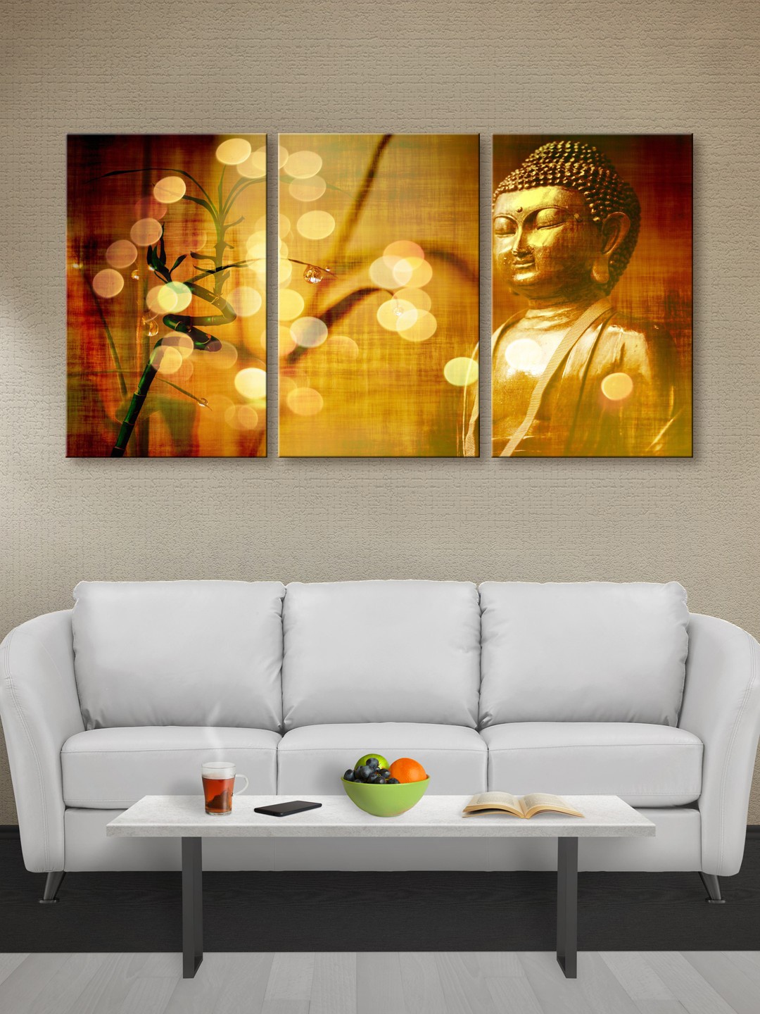 

999Store Set of 3 Yellow & Brown Lord Buddha Canvas Wall Art