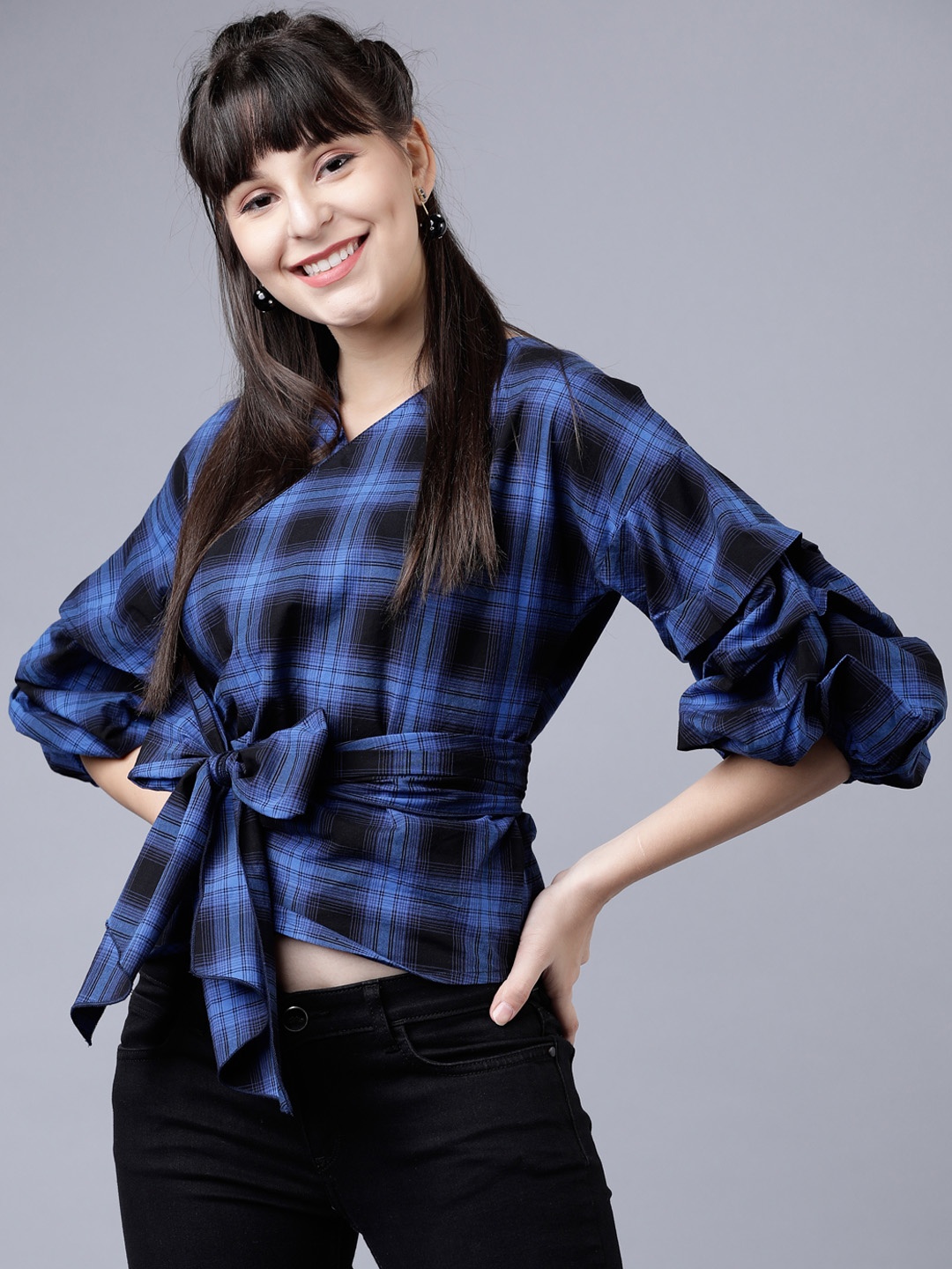 

Tokyo Talkies Women Blue Checked Wrap Pure Cotton Top