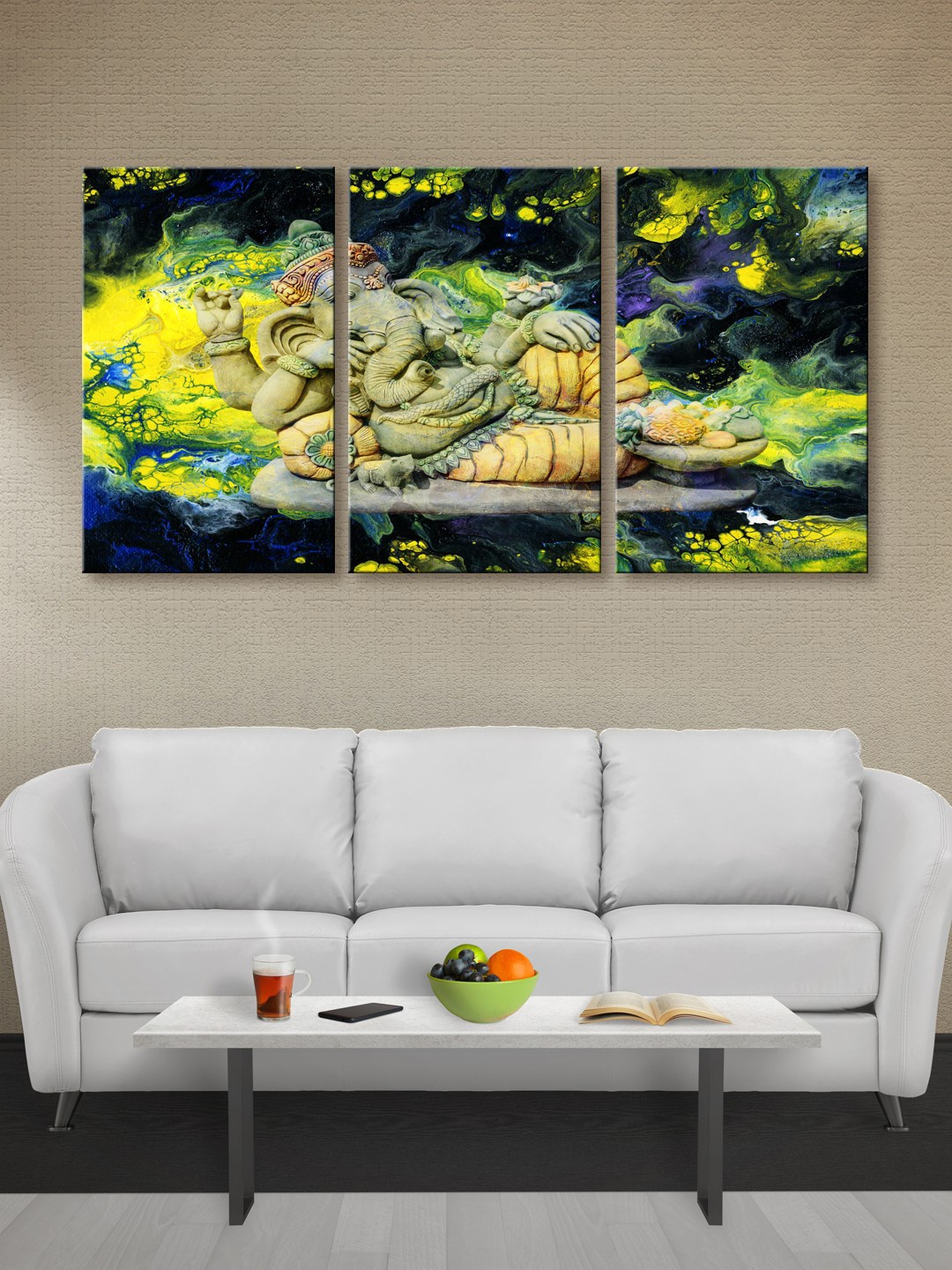 

999Store Multicoloured Set of 3 Lord Ganesha Canvas Wall Art, Multi