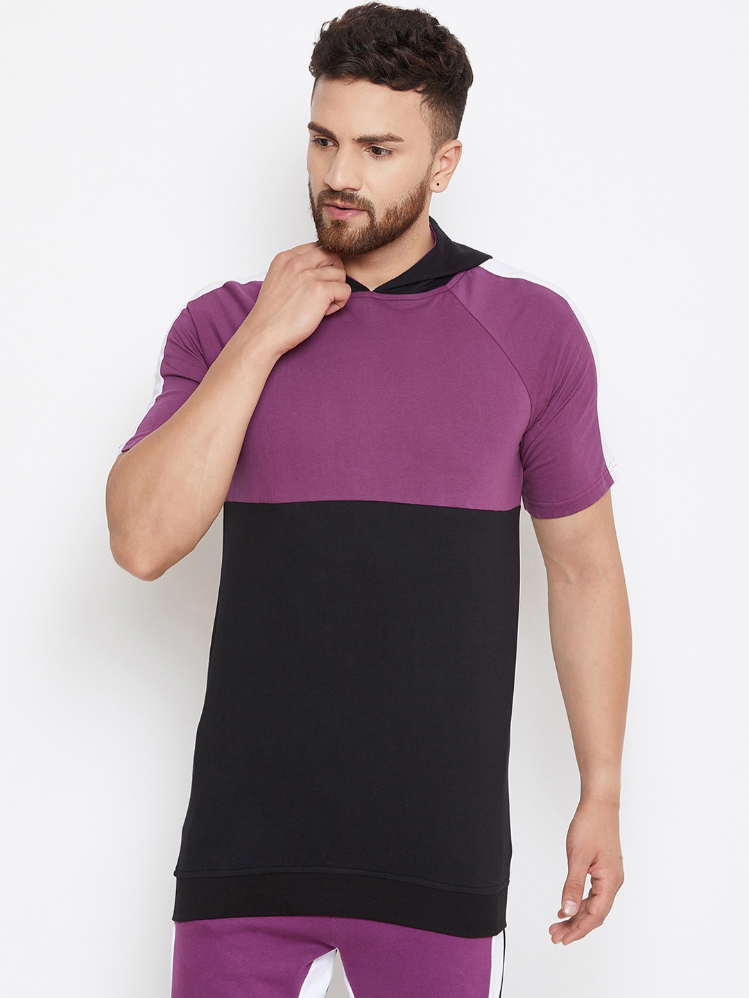 

FUGAZEE Men Purple & Black Colourblocked Slim Fit Hood T-shirt
