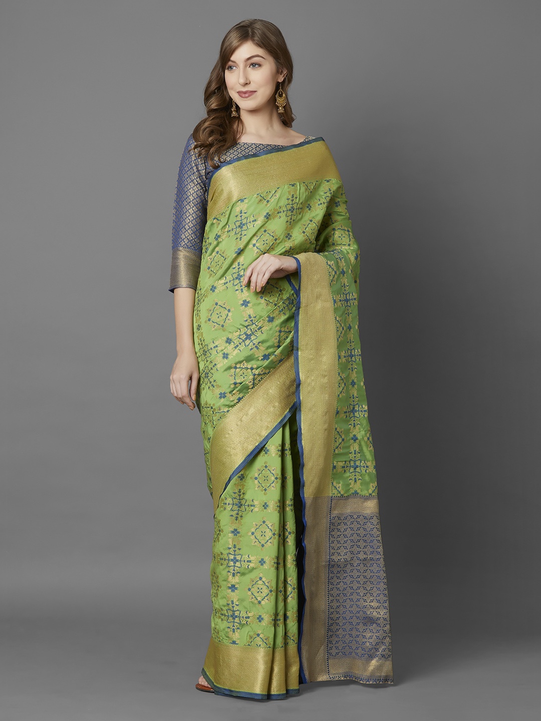 Mitera Green & Grey Silk Blend Woven Design Banarasi Saree
