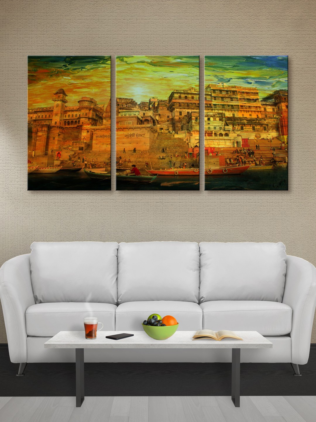 

999Store Set of 3 Brown & Green Banaras Ghat Canvas Wall Art