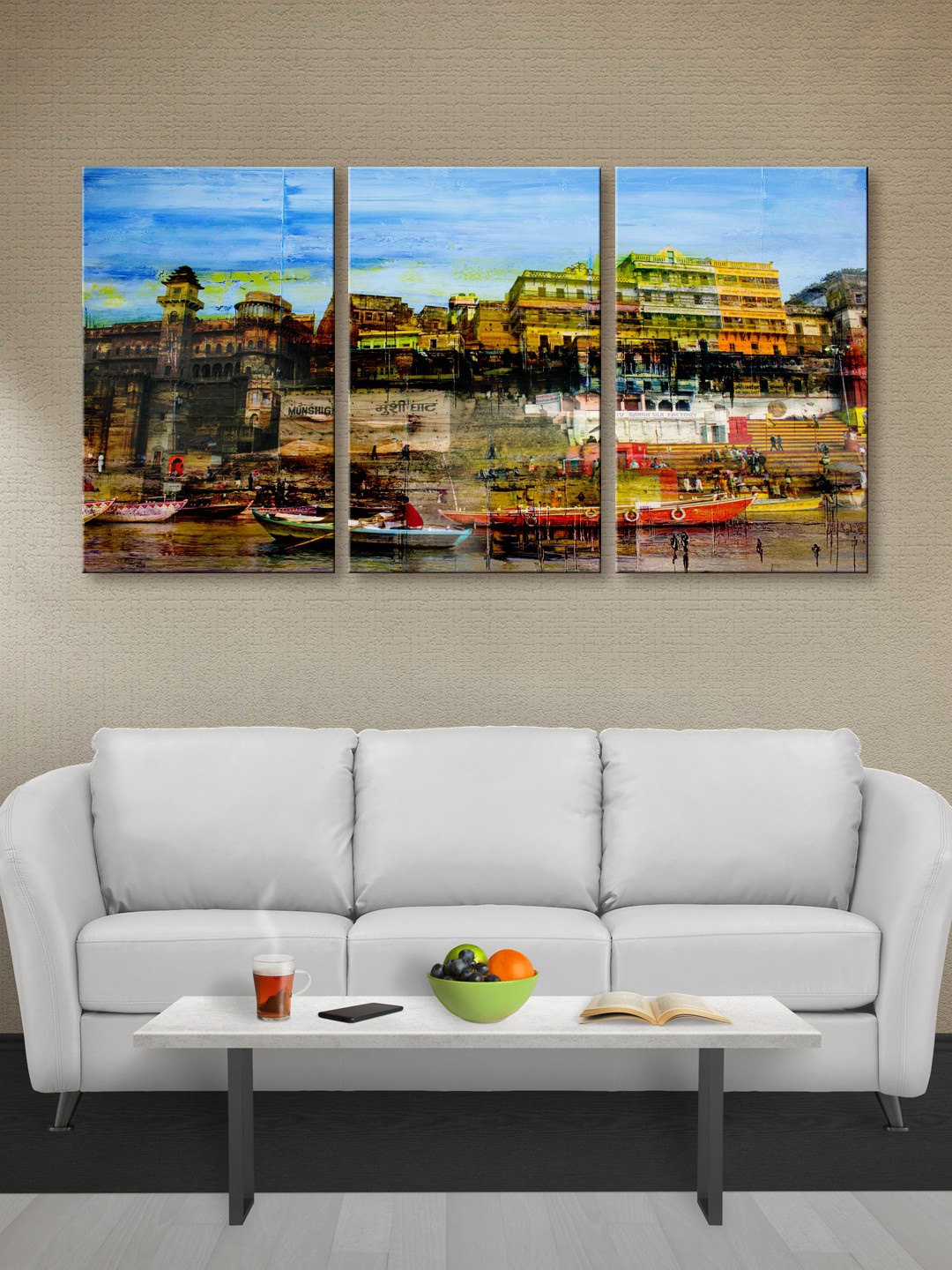 

999Store Set of 3 Multicoloured Banaras Ghat Canvas Wall Art, Multi