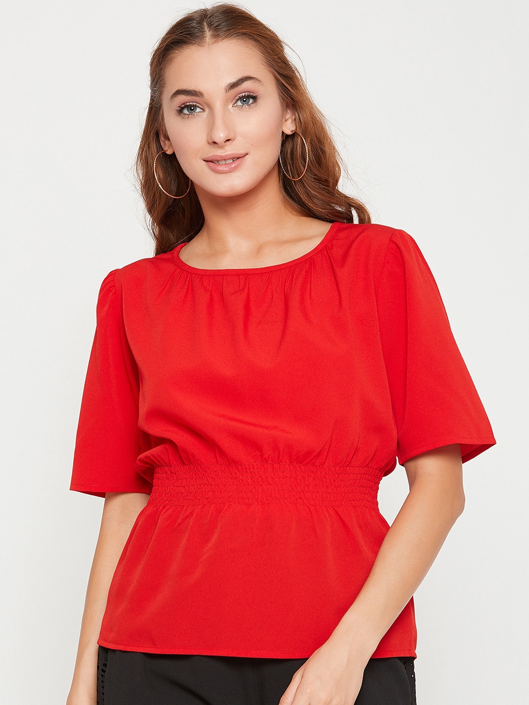 Carlton London Women Red Solid Cinched Waist Top
