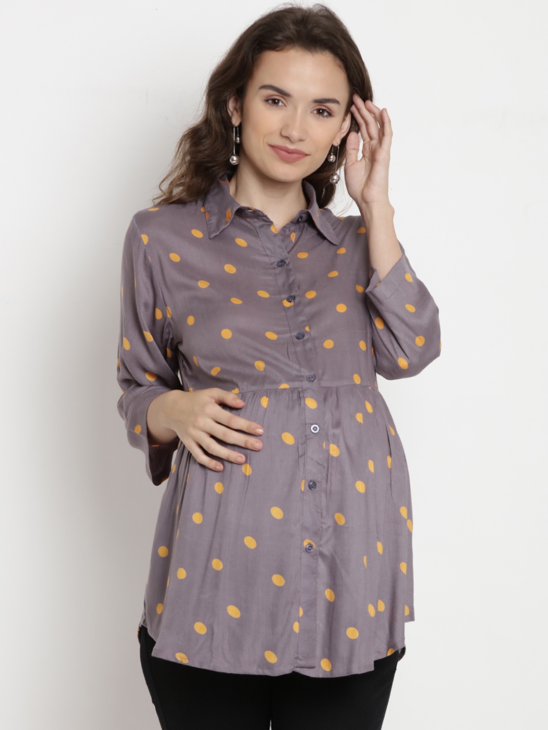

Mine4Nine Women Grey Polka Dot Printed Maternity Shirt Style Top