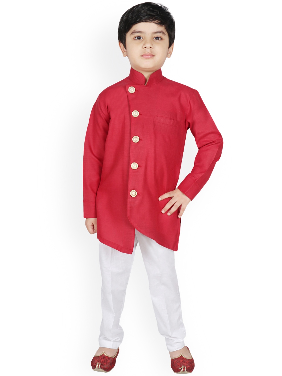 

SG YUVRAJ Boys Maroon & White Brocade Weave Solid Kurta with Trousers
