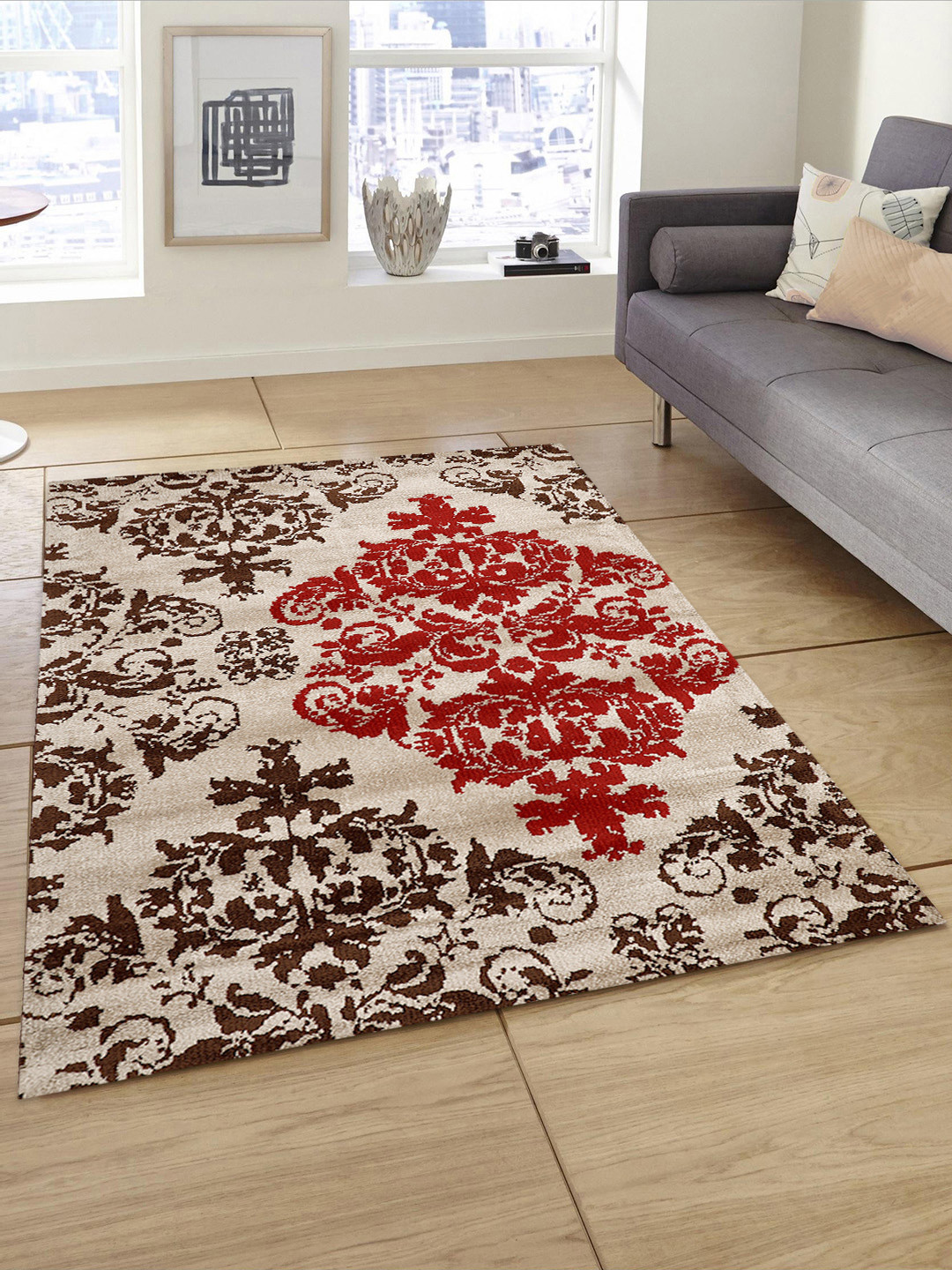 

PRESTO Brown & Beige Printed Hand-Tufted Anti-Skid Polyester Carpet