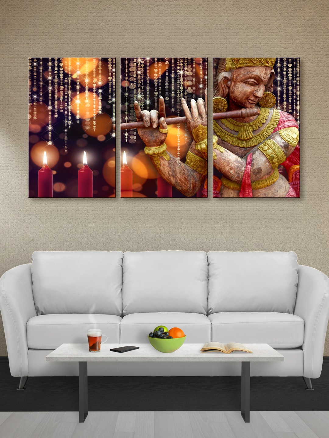

999Store Multicoloured Set of 3 Lord Krishna Canvas Wall Art, Multi