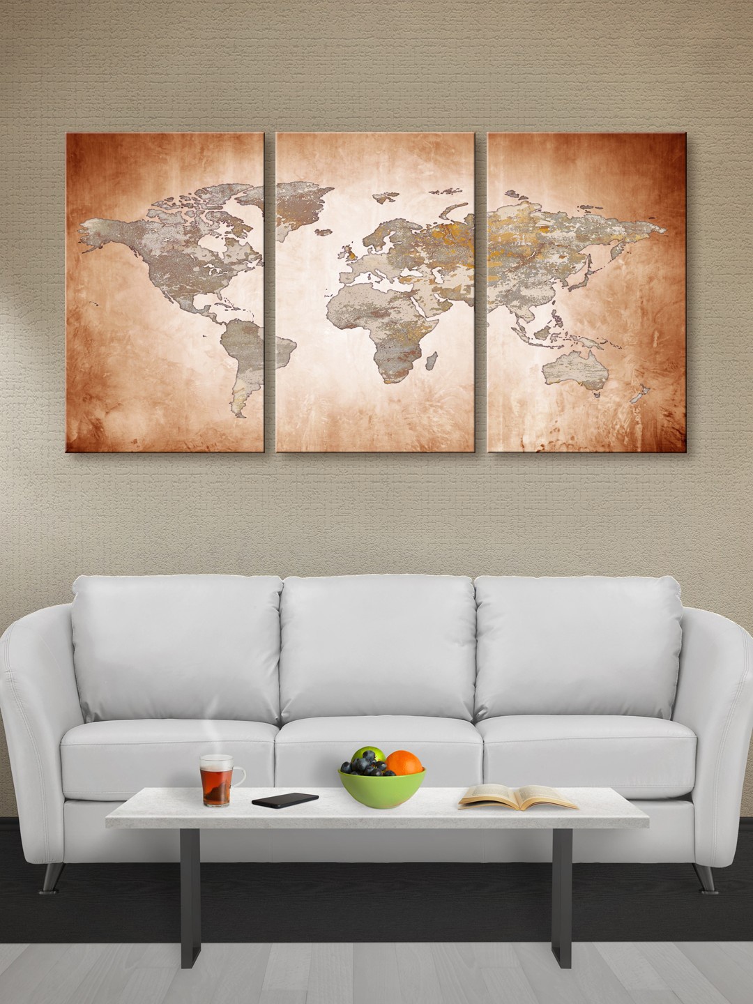 

999Store Set of 3 Brown & Bronze-Toned World Map Canvas Wall Art