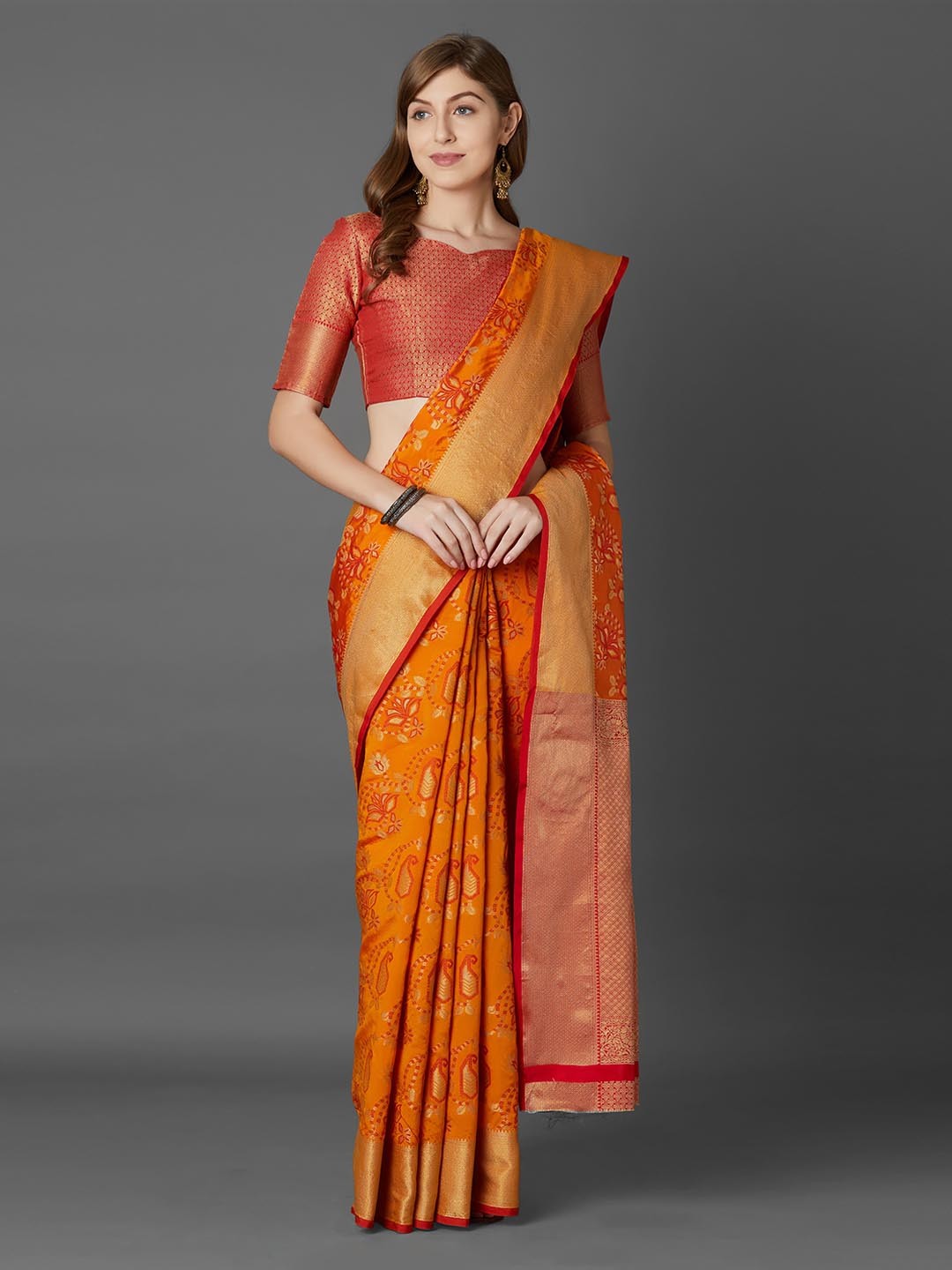 

Mitera Yellow & Red Silk Blend Woven Design Banarasi Saree
