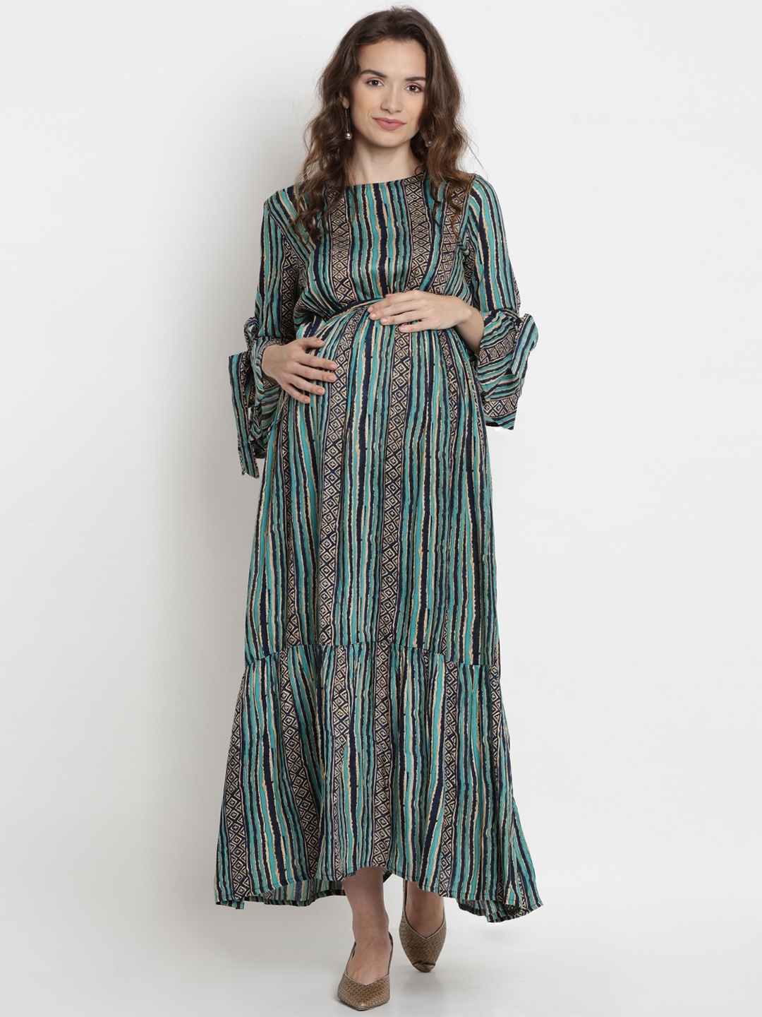 

Mine4Nine Women Green & Black Striped Maternity Maxi Dress