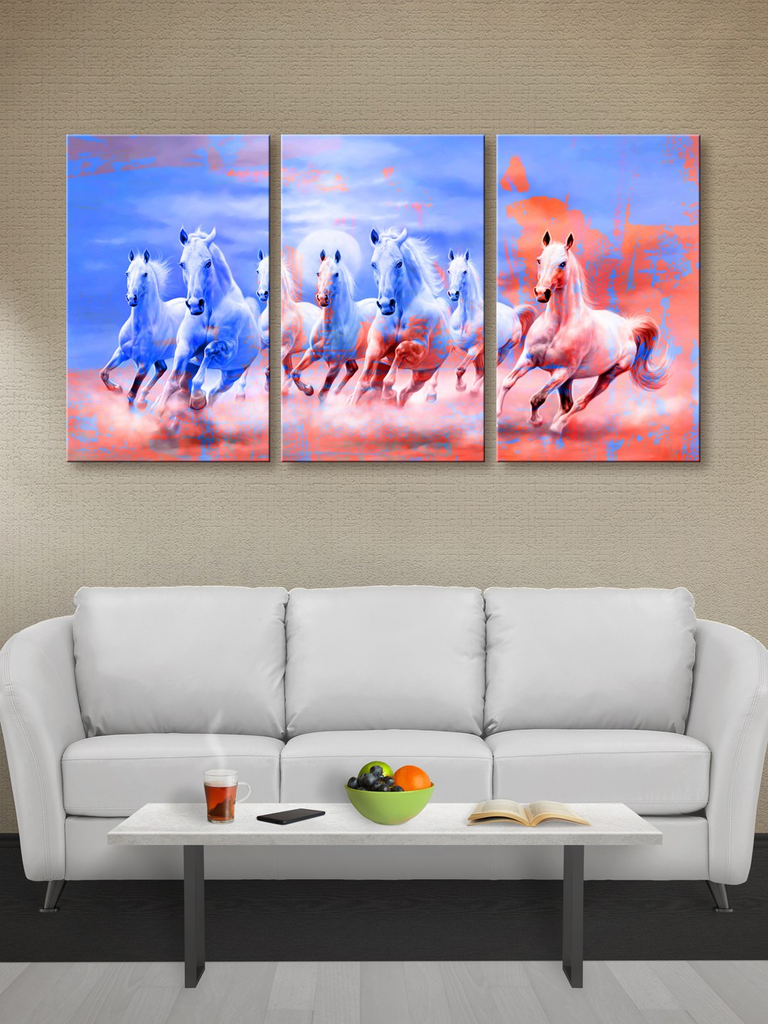 

999Store Set of 3 Blue & Orange Horses Canvas Wall Art