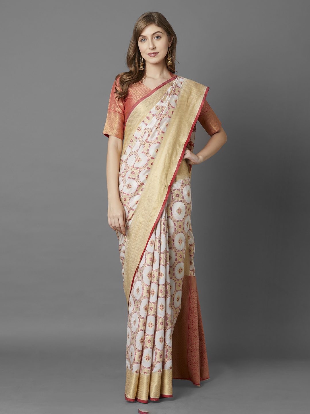 

Mitera Off-White & Red Silk Blend Woven Design Banarasi Saree