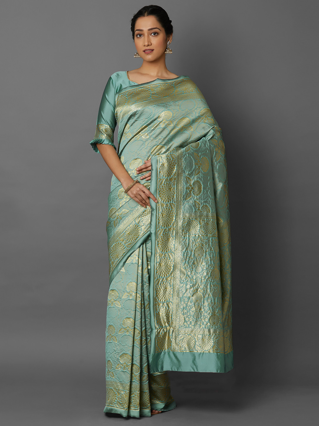 

Mitera Teal Green & Gold-Toned Silk Blend Woven Design Kanjeevaram Saree