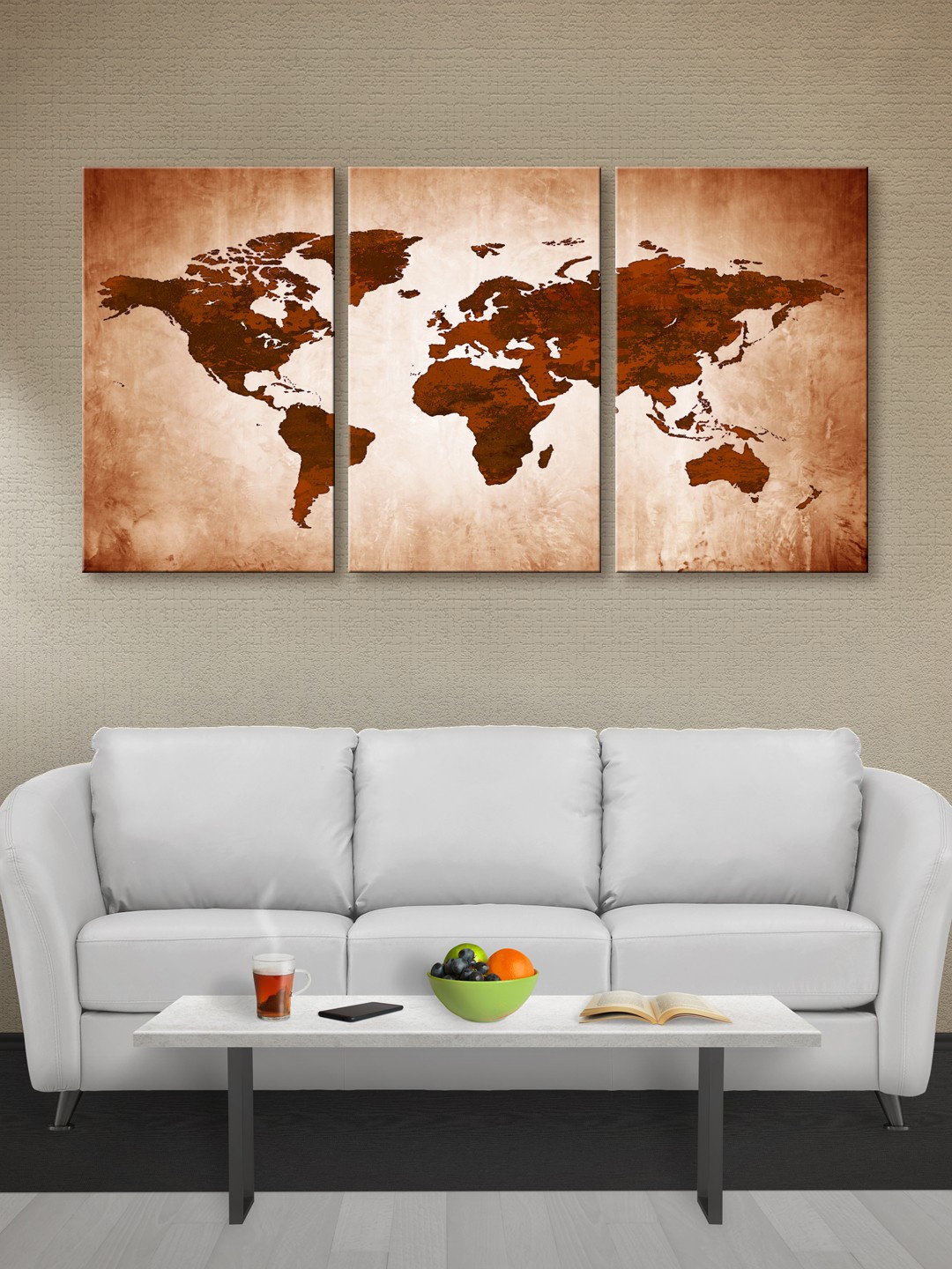

999Store Set of 3 Brown & Bronze-Toned World Map Canvas Wall Art