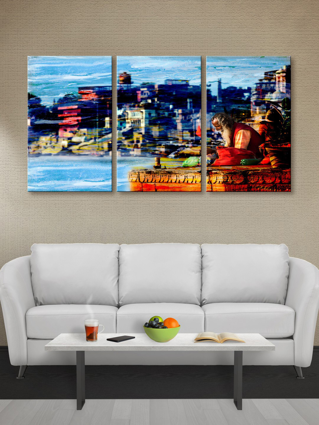 

999Store Blue & Brown Set of 3 Indian Holyman Canvas Wall Art
