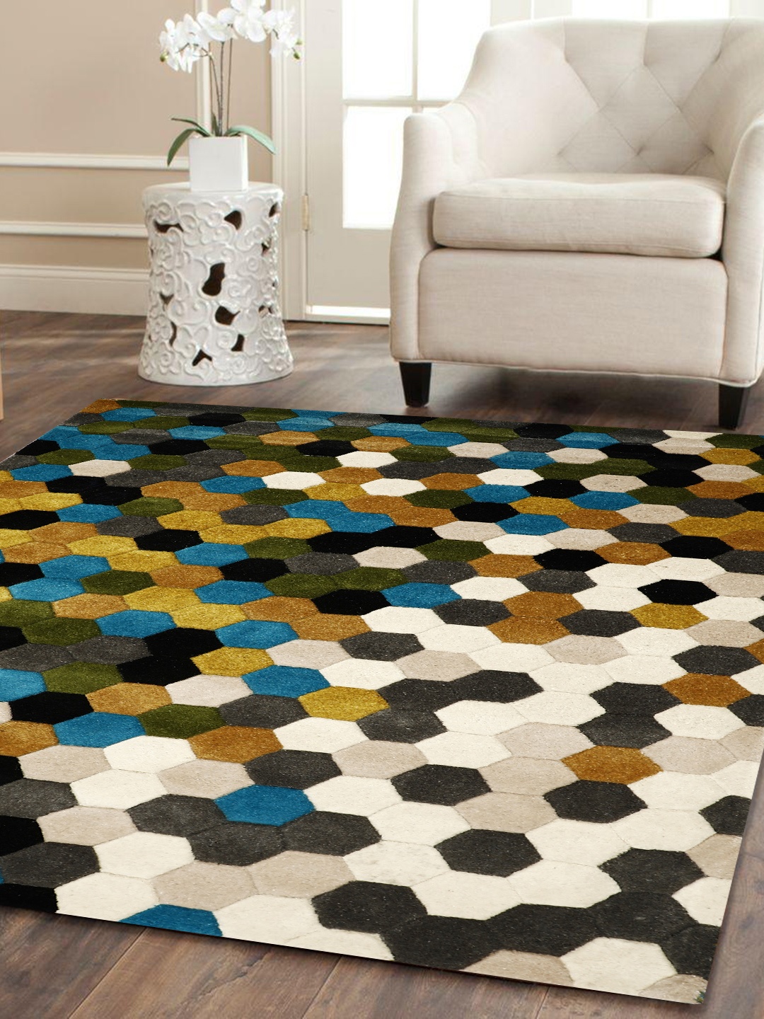 

PRESTO Multicoloured Printed Hand-Tufted Anti-Skid Woolen Carpet, Multi