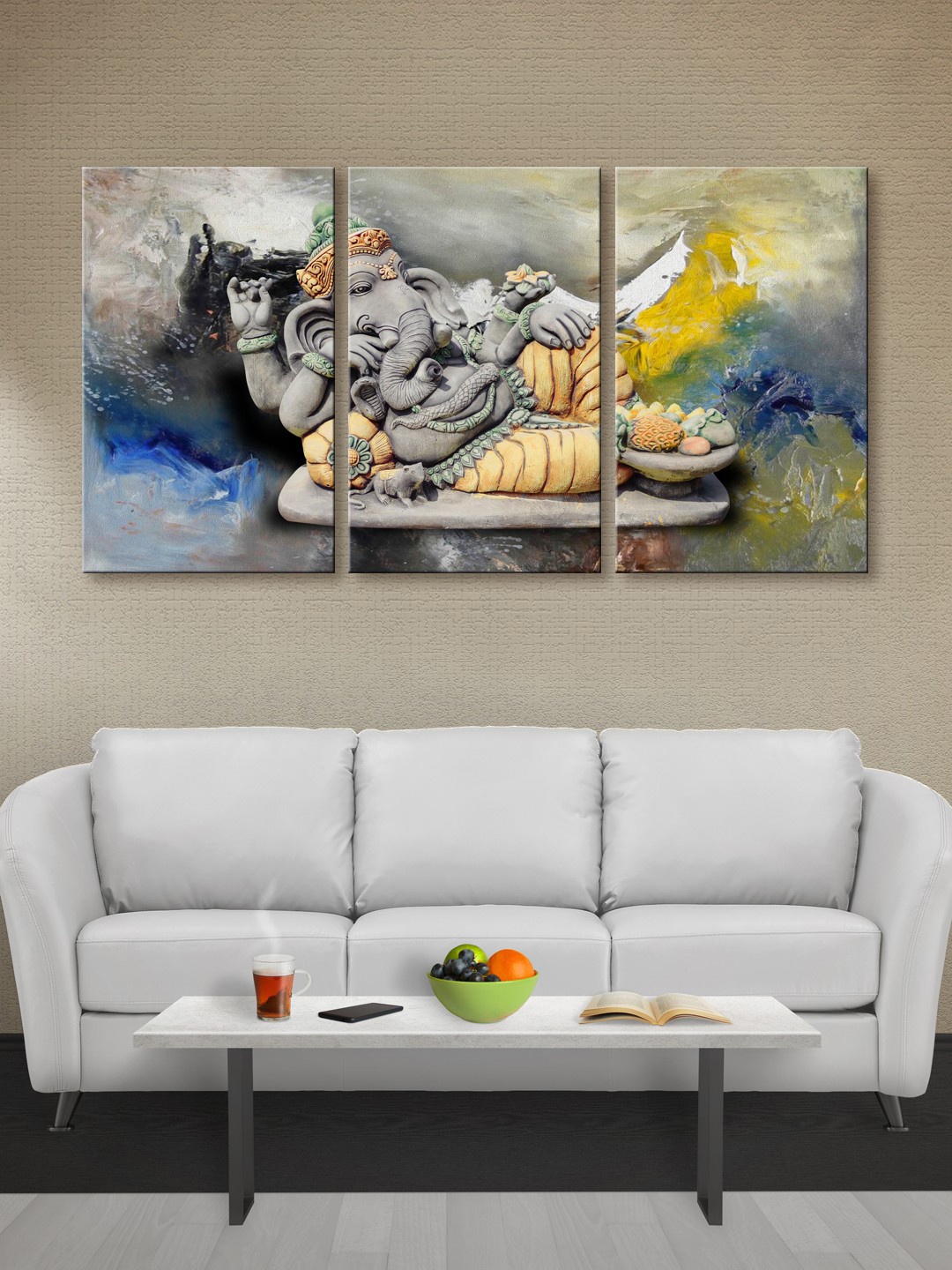 999Store Multicoloured Set of 3 Lord Ganesha Canvas Wall Art, Multi
