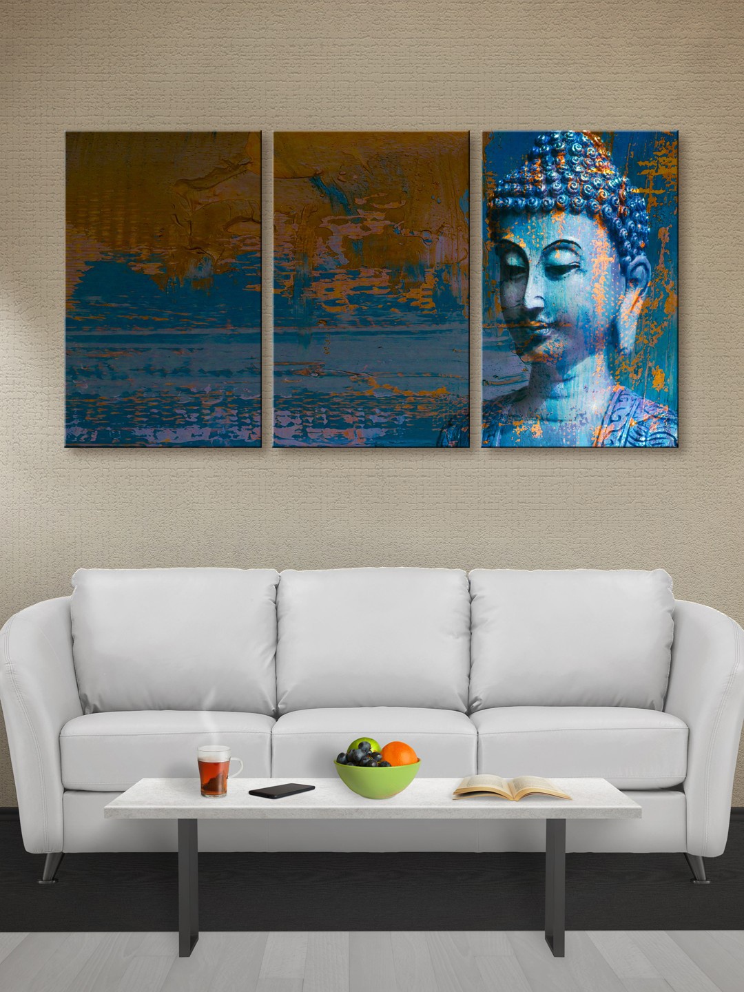 

999Store Set of 3 Blue & Brown Lord Buddha Canvas Wall Art