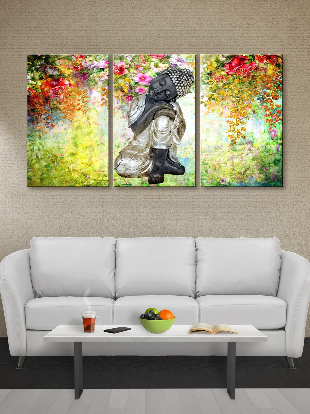 

999Store Multicoloured Set of 3 Lord Buddha Canvas Wall Art, Multi