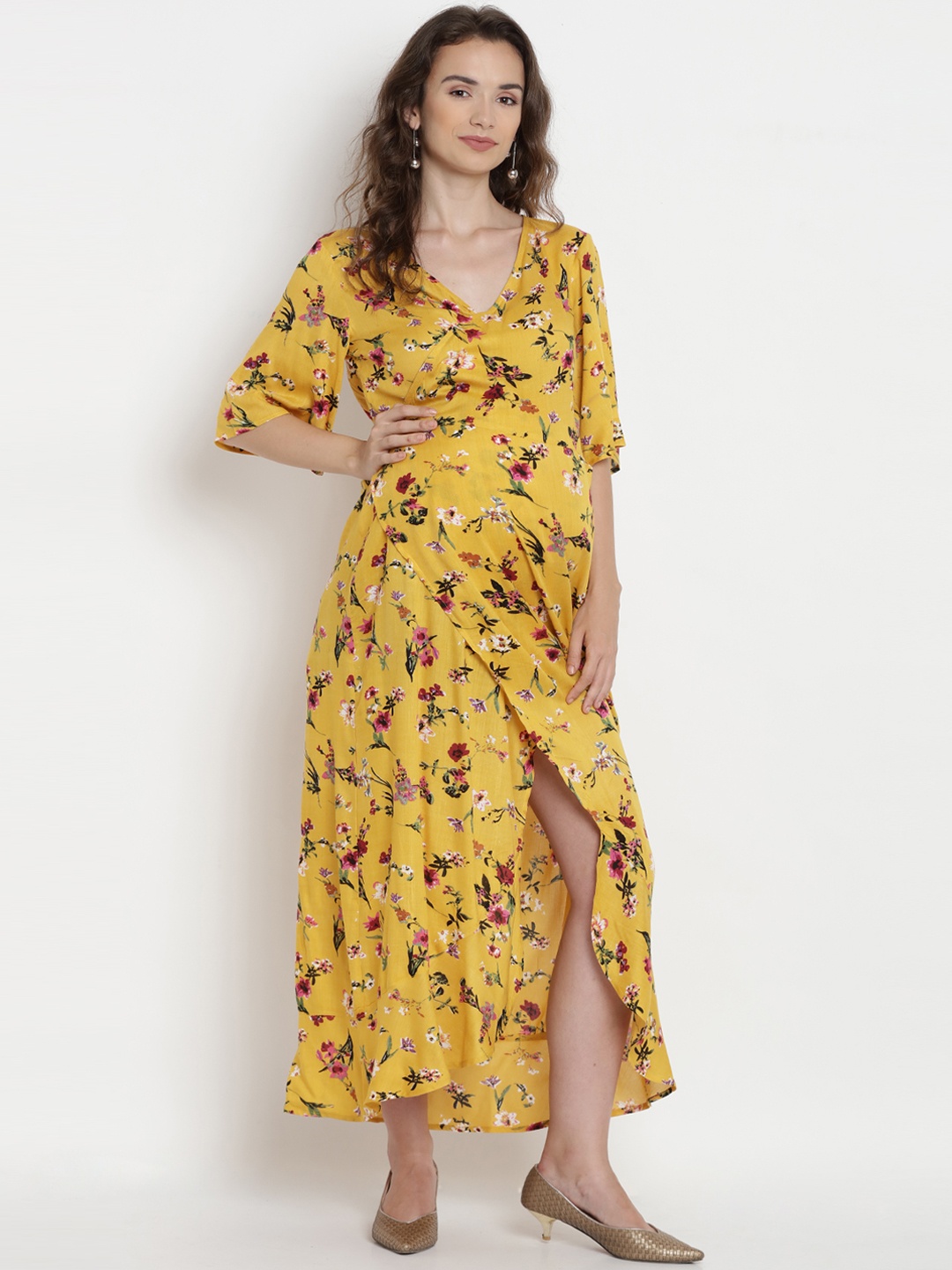 

Mine4Nine Women Yellow Printed Maternity Wrap Dress