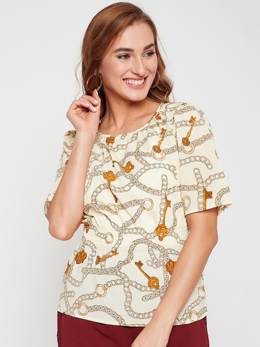 Carlton London Women Yellow Printed Cinched Waist Top
