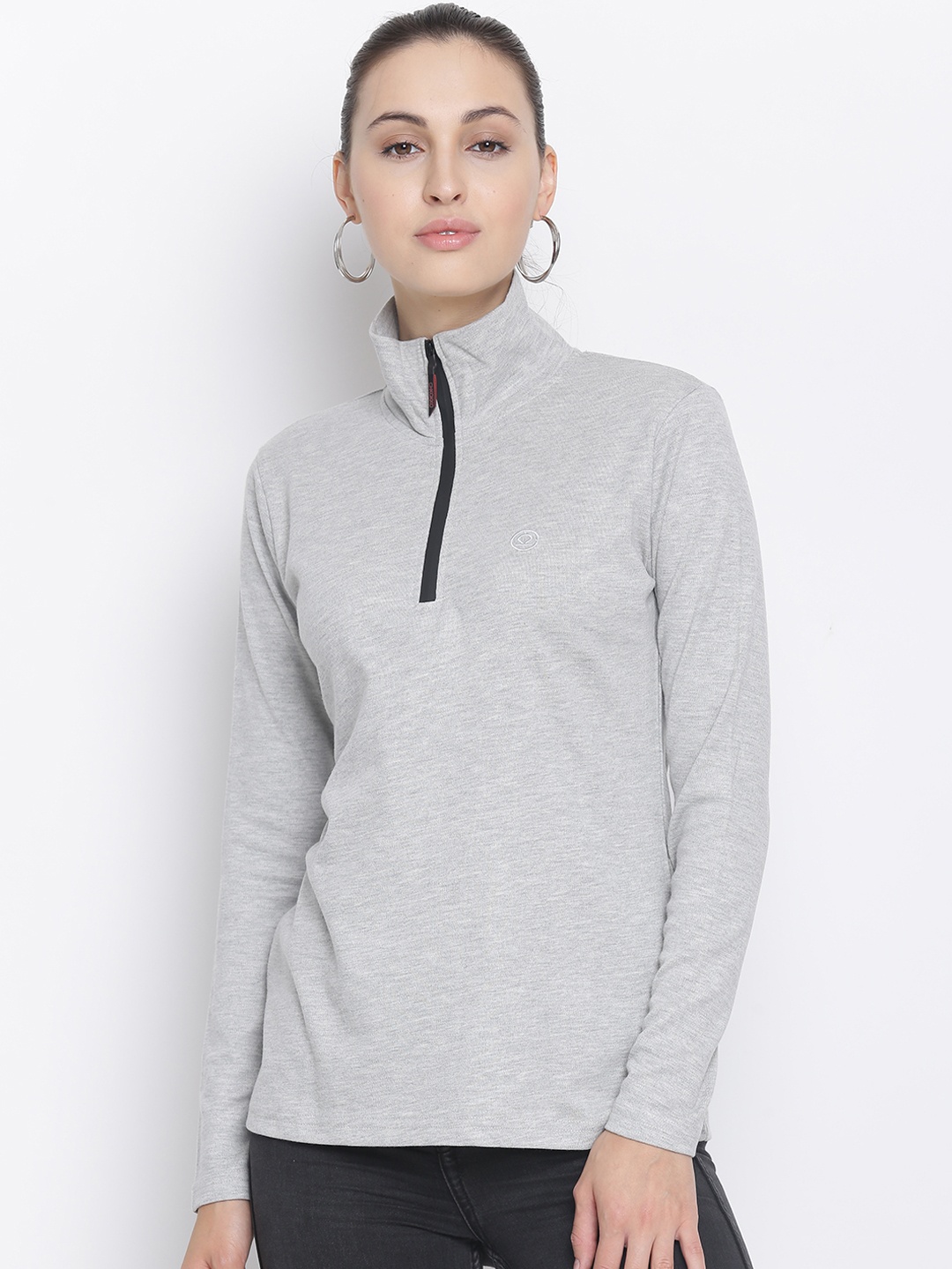

CHKOKKO Women Grey Solid High Neck T-shirt